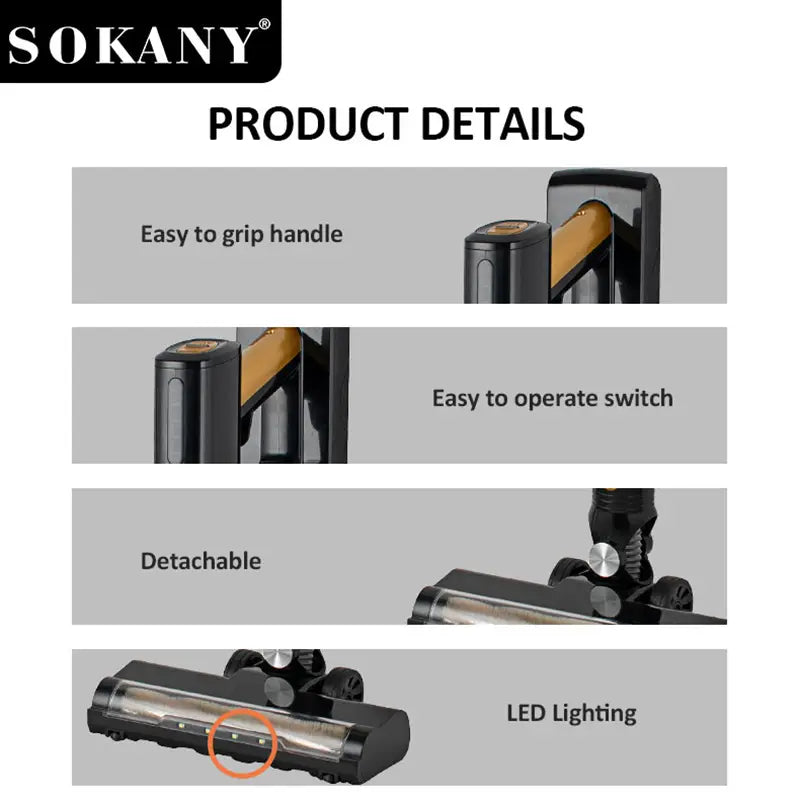 SOKANY SK-13026 Cordless Handheld Vacuum Cleaner with 2200mAh Battery and 21KPa Suction