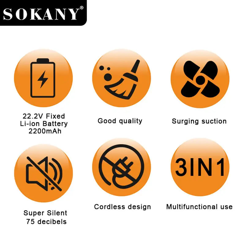 SOKANY SK-13026 Cordless Handheld Vacuum Cleaner with 2200mAh Battery and 21KPa Suction