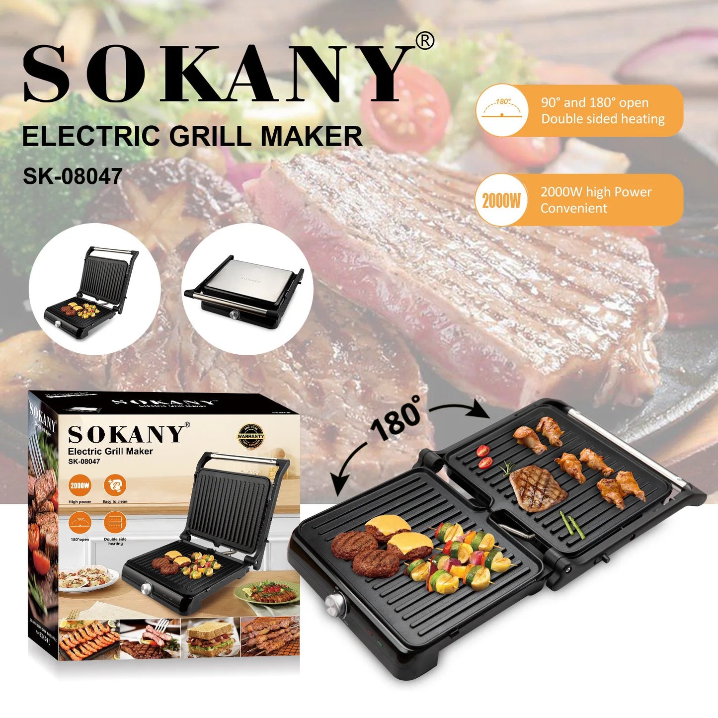 SOKANY SK-08047 Multi-Function Grill with Adjustable Temperature and Non-Stick Teflon Coating