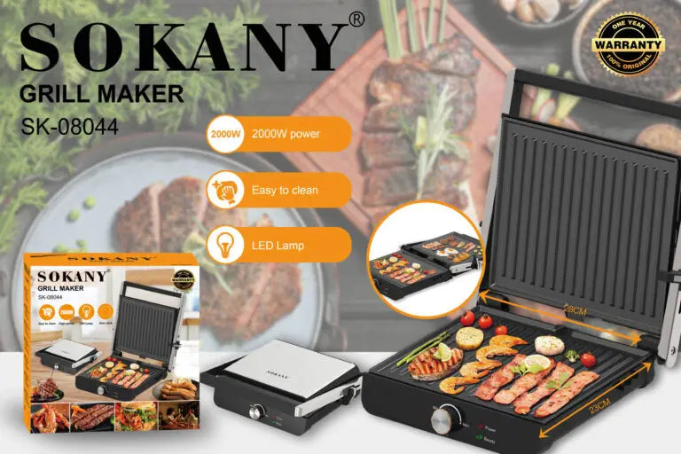 SOKANY SK-08044 Compact Non-Stick Grill with 2000W Power and Heat-Resistant Body