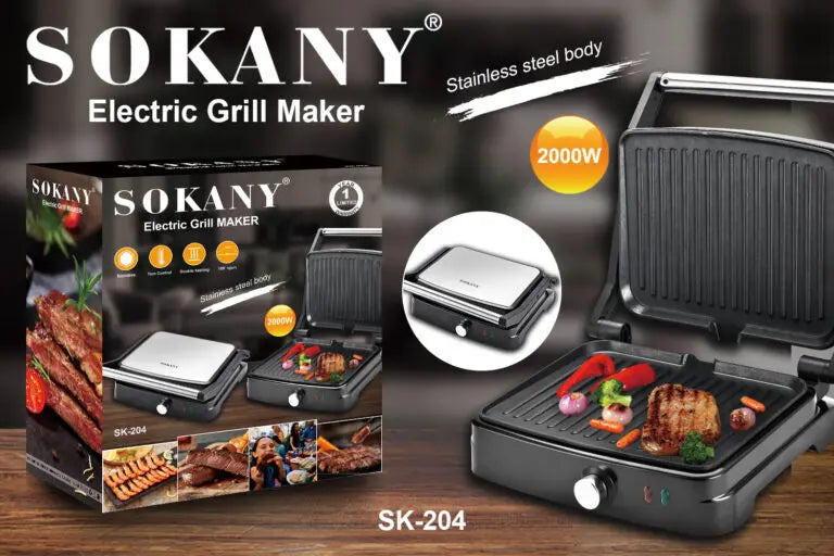 SOKANY SK-204 Electric Grill with 2000W Power and Non-Stick Coated Plates