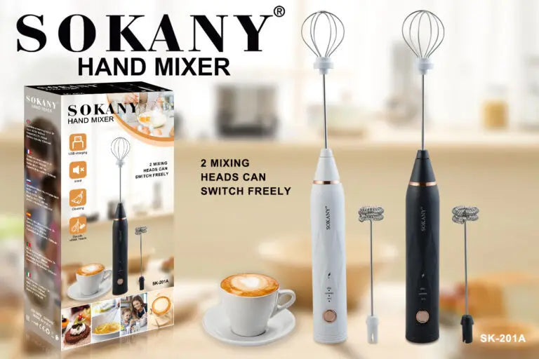 SOKANY SK-201A Mini Hand Mixer with Stainless Steel Whisk and 3-Speed Settings