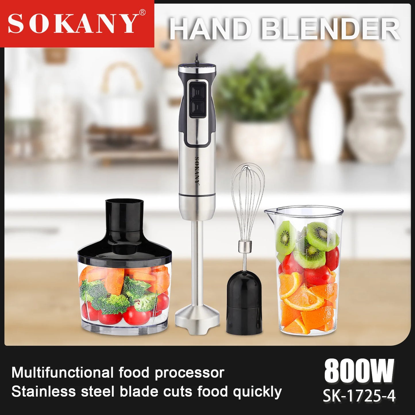 SOKANY SK-1725-4 Multifunctional Food Processor with 800W Power and Stainless Steel Blade.