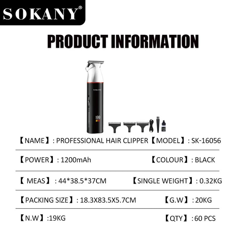 SOKANY SK-16056 Professional Hair Clipper with 1200mAh Lithium Battery and Stainless Steel Cutter Head