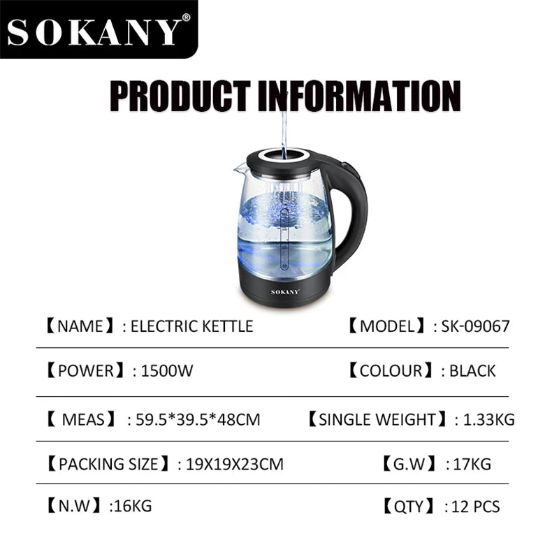 SOKANY SK-09067 1500W 1.8L High Borosilicate Glass Electric Kettle with Stainless Steel Heating Plate