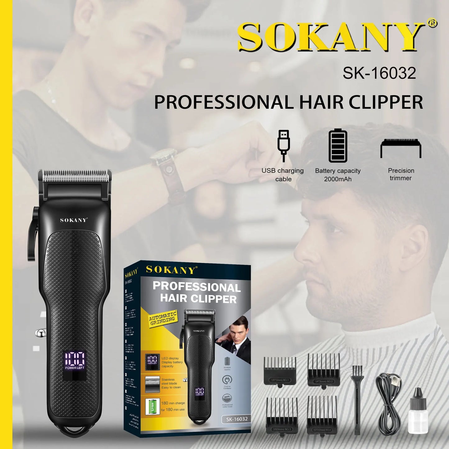 SOKANY SK-16032 Professional Hair Clipper with Stainless Steel Cutter Head and 2000mAh Batter
