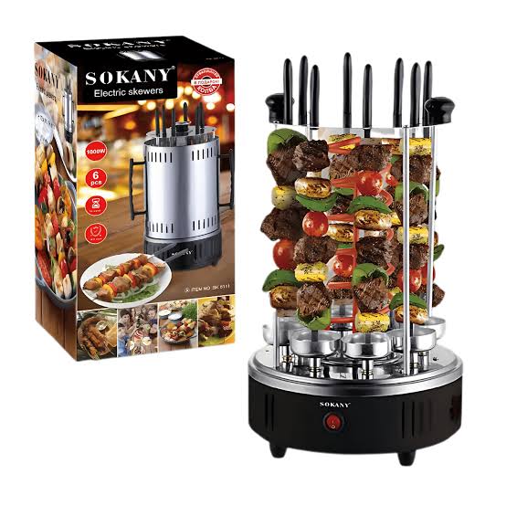 SOKANY Electric BBQ Kebab Grill – smokeless indoor vertical rotisserie. Auto-rotating skewers for chicken, sausage, fish & veggies. Easy cleanup, perfect for home BBQs