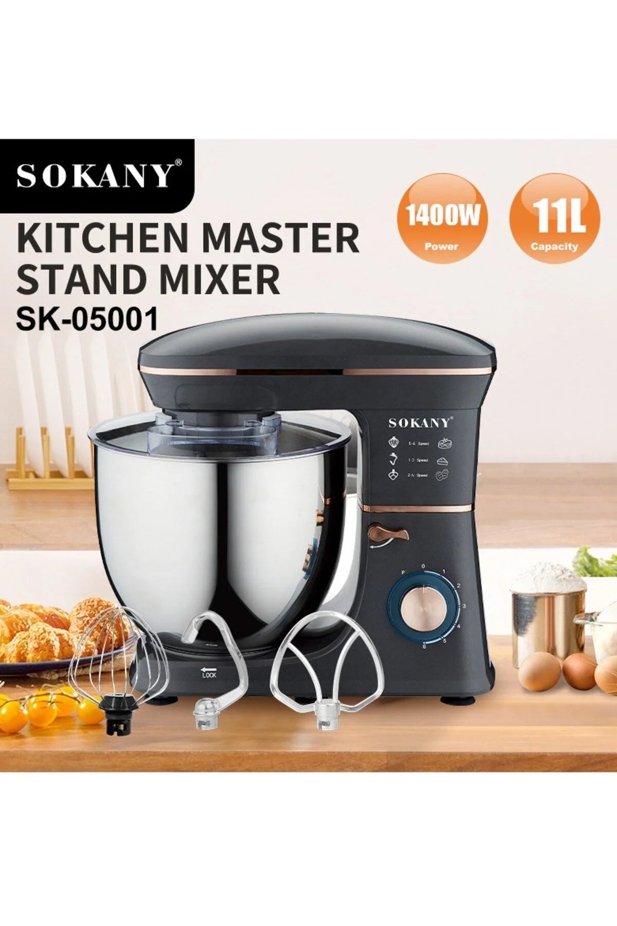Sokany SC-206 Black Rose Gold 1000W Stand Mixer – 5L Electric Kitchen Mixer with Dough Hook, Whisk & Beater | Premium Affordable Stand Mixer South Africa